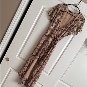 Polka Dot Wrap Midi Dress in Taupe